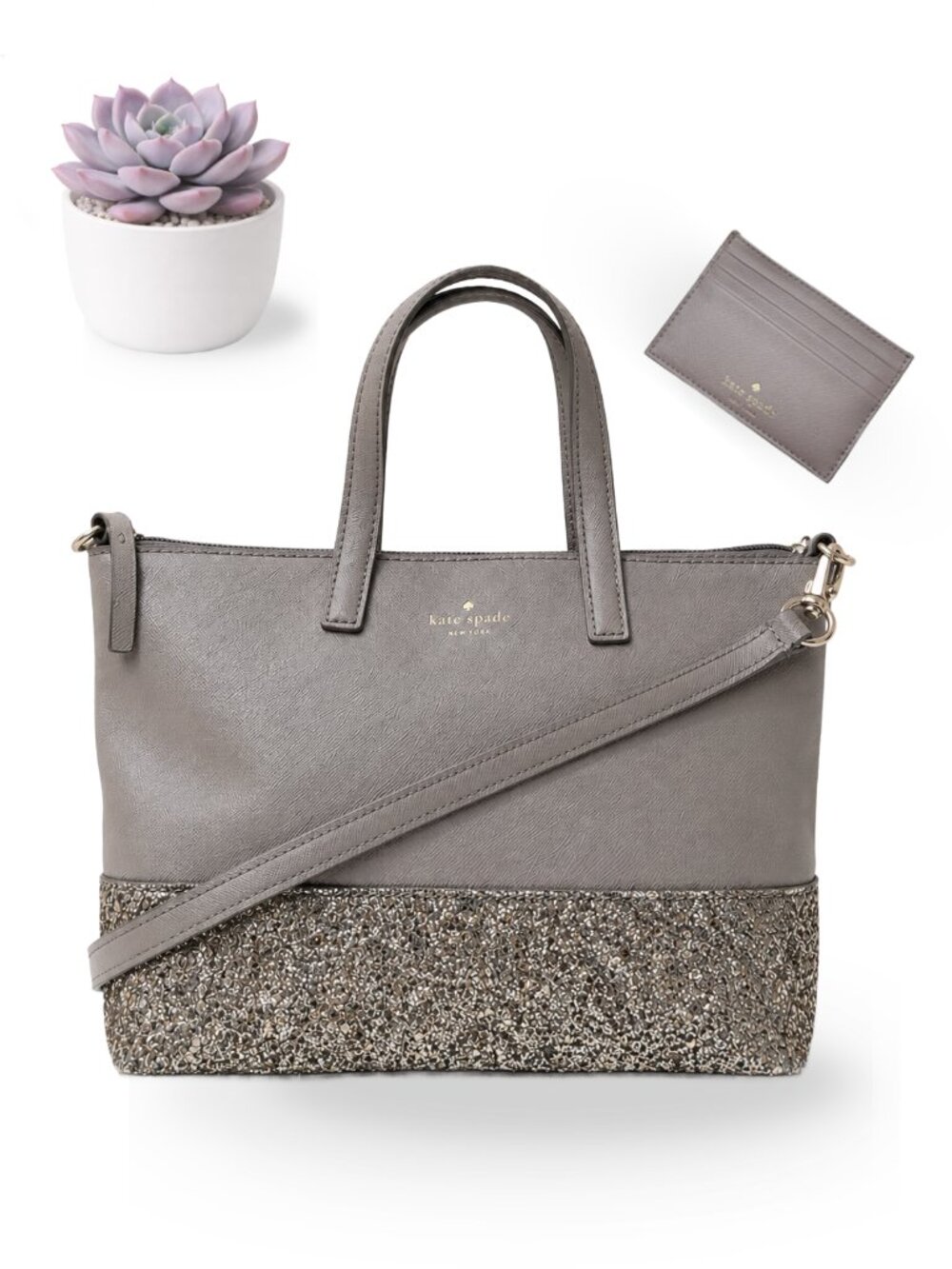 Kate Spade Ina Greta Court Glitter Satchel Crossbody City Scape Gray Wallet Set